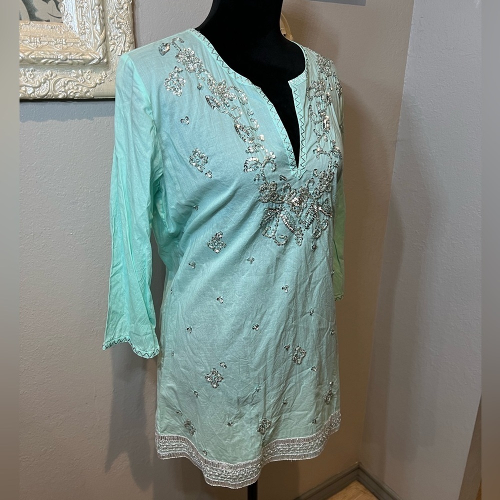 Embroidered beaded mint Aqua Tunic Top - Picture 3 of 10